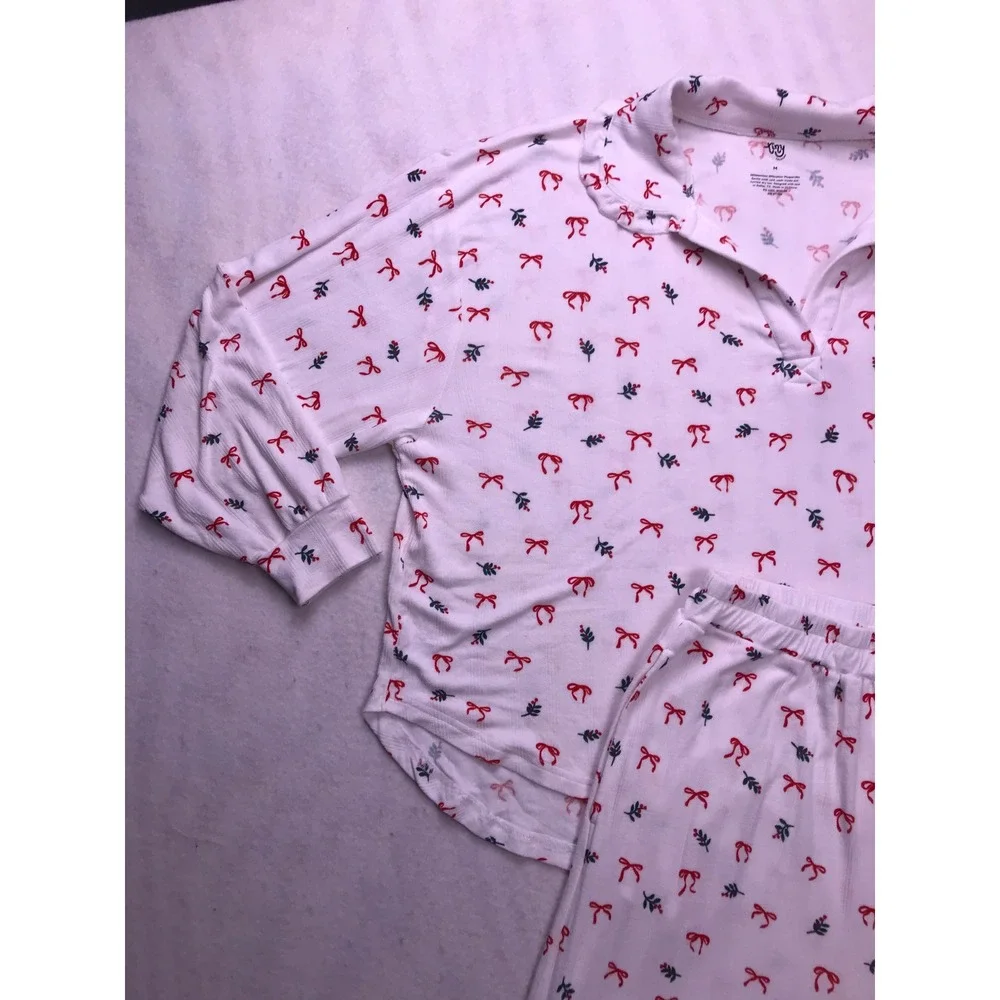 Tiny Talulah Pajama Set Womens Medium White Bow Print Bamboo Ribbed